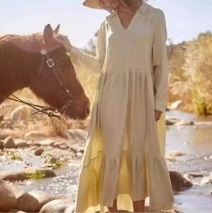 FREE PEOPLE Beach Moonlight Long Sleeve Cotton & Hemp Midi Dress Size Medium M